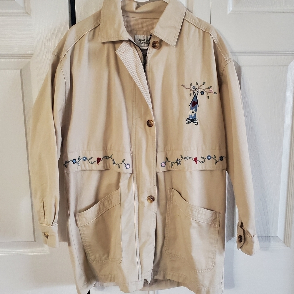 CHRISTOPHER & BANKS MED EMBROIDERED CHORE JACKET. DENIM.